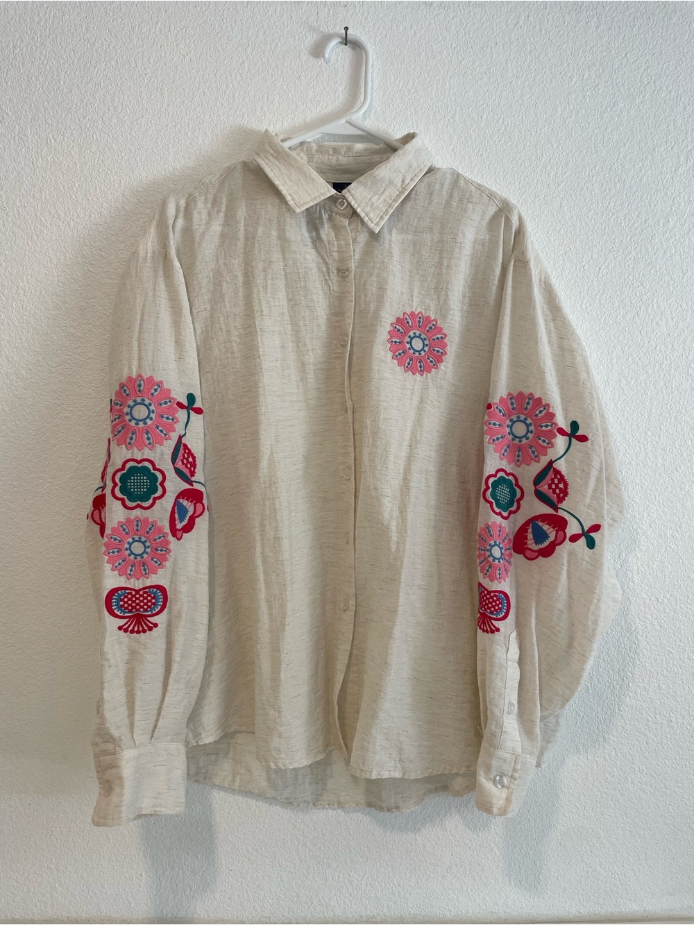 Blair Cream Button-Down Shirt with Pink & Teal Floral Embroidery